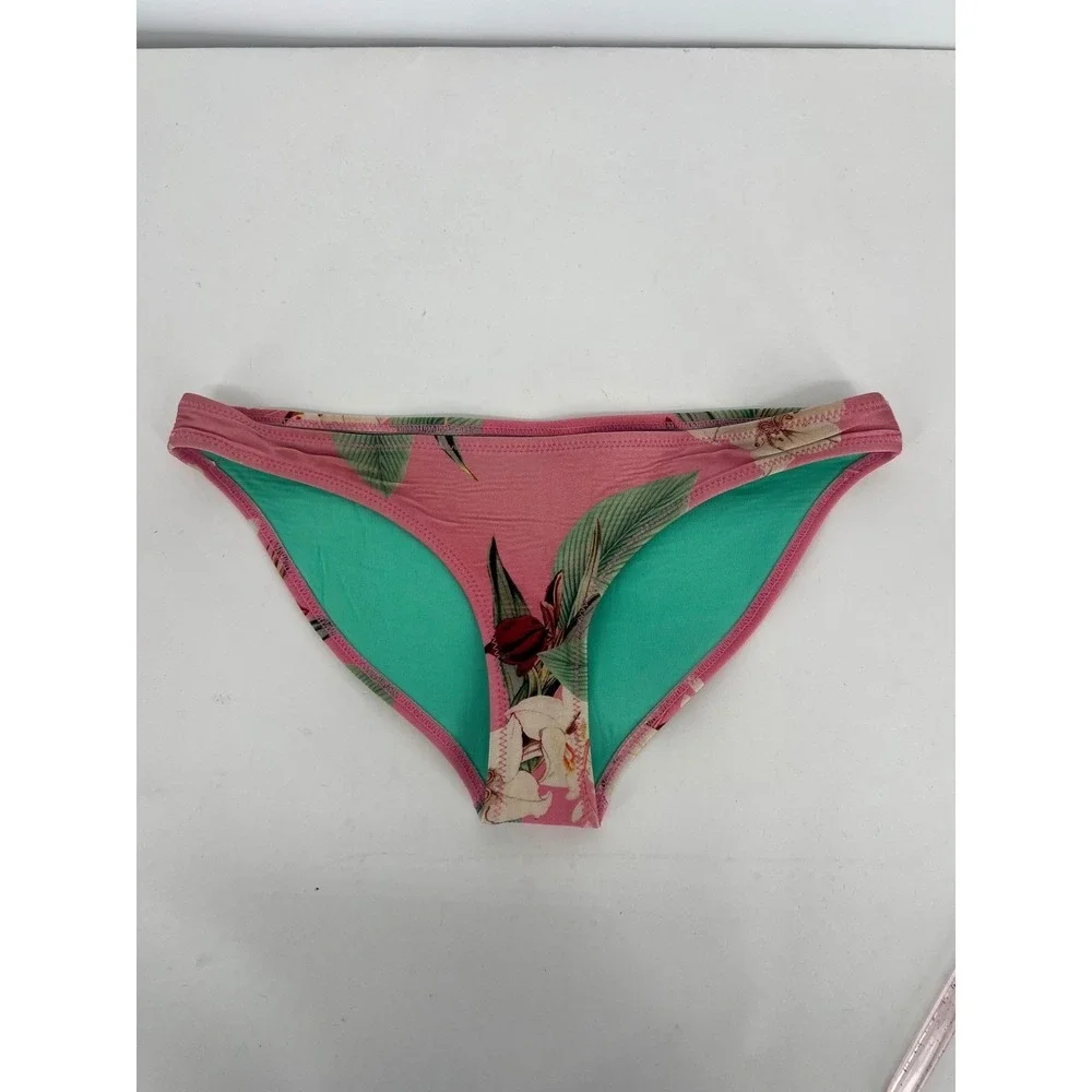 Triangl Sz M Floral Bikini Bottom‎ Swimsuit Low Rise Pink Green Tropical Beach